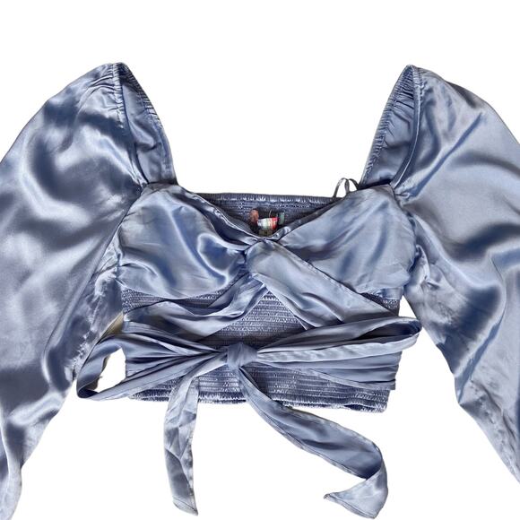 NEW Urban Outfitters Top Satin Puff Sleeve Smocked Shirt Square Neck Size Medium - Picture 3 of 10